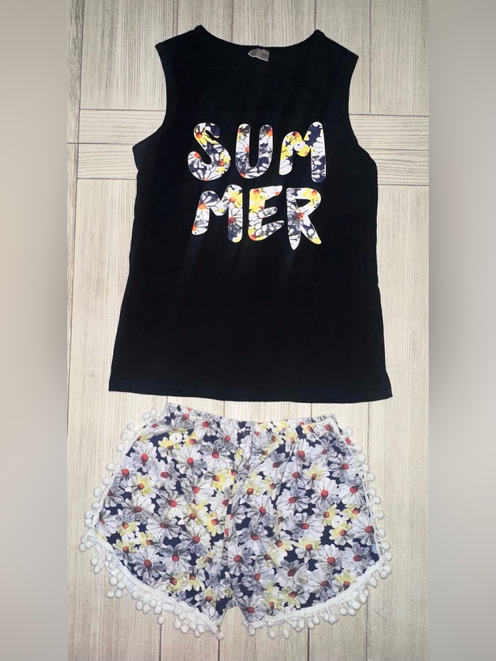 Girls Short Set - Black 'SUMMER' Tank with Sunflower Pom Pom Shorts